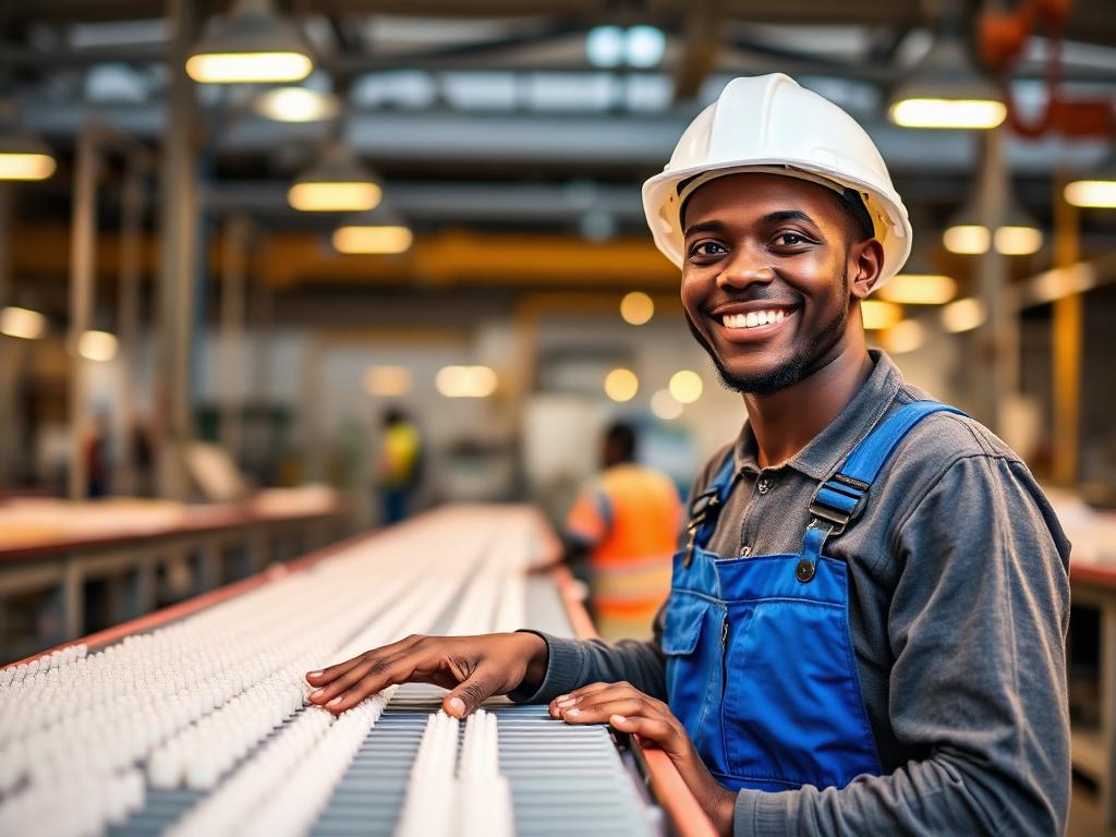 Kenyan factory worker on a manufacturing line