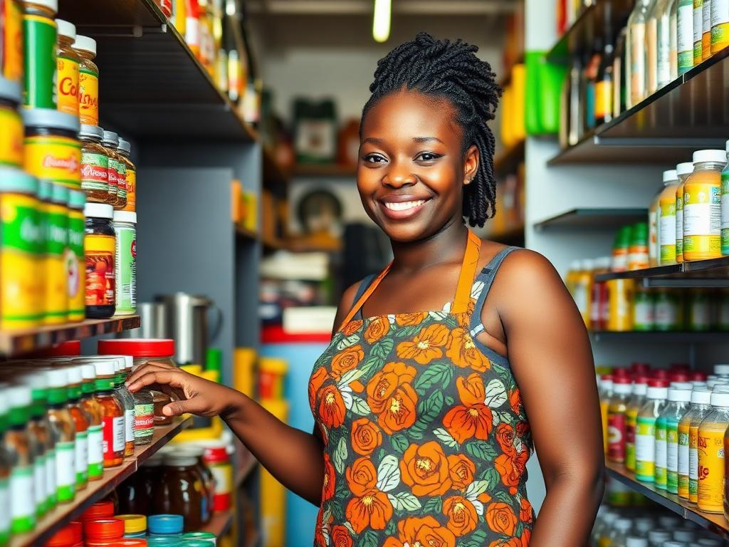 Kenyan shopkeeper arranging products